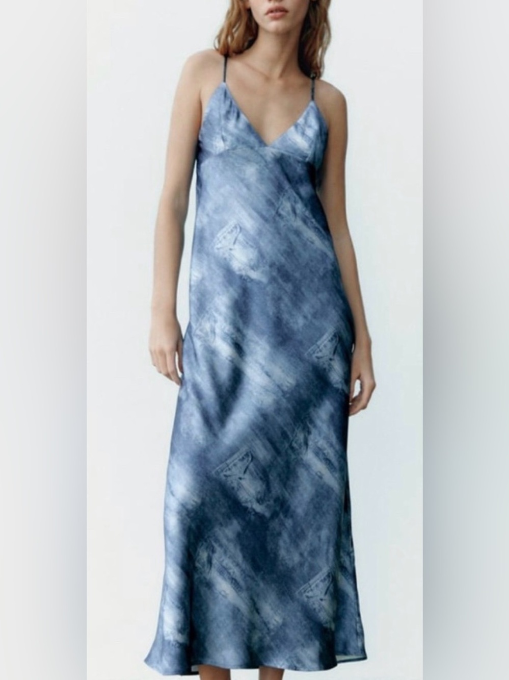 Zara S Denim Print Satin Maxi Slip Dress Open Back Trompe L’Oeil Y2K
